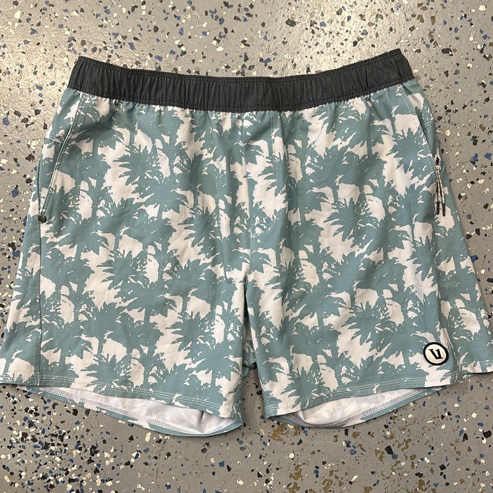 Vuori Teal and White Palm Print Board Shorts